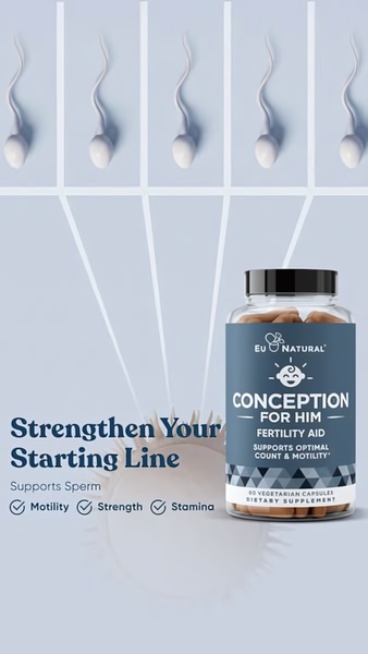 A 9:16 vertical creative featuring a clean, studio-lit bottle of Conception for Him surrounded by a graphic representation of sperm moving toward the product.